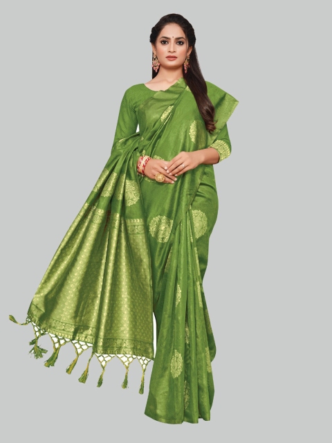 

AYKA CLOTHINGS Green & Gold-Toned Ethnic Motifs Zari Silk Cotton Banarasi Saree