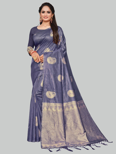 

AYKA CLOTHINGS Purple & Gold-Toned Ethnic Motifs Zari Silk Cotton Banarasi Saree