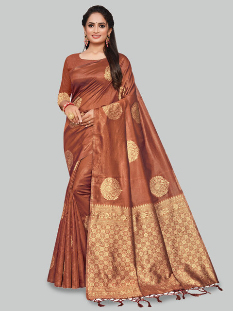 

AYKA CLOTHINGS Brown & Gold-Toned Ethnic Motifs Zari Silk Cotton Banarasi Saree