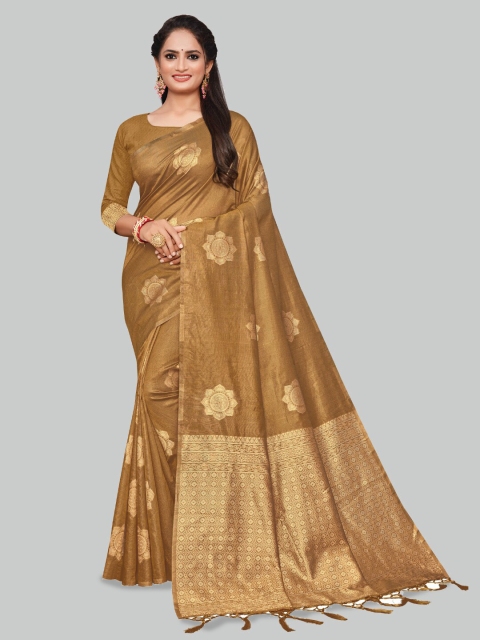 

AYKA CLOTHINGS Green & Gold-Toned Ethnic Motifs Zari Silk Cotton Banarasi Saree