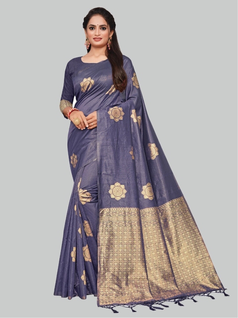 

AYKA CLOTHINGS Purple & Gold-Toned Ethnic Motifs Zari Silk Cotton Banarasi Saree
