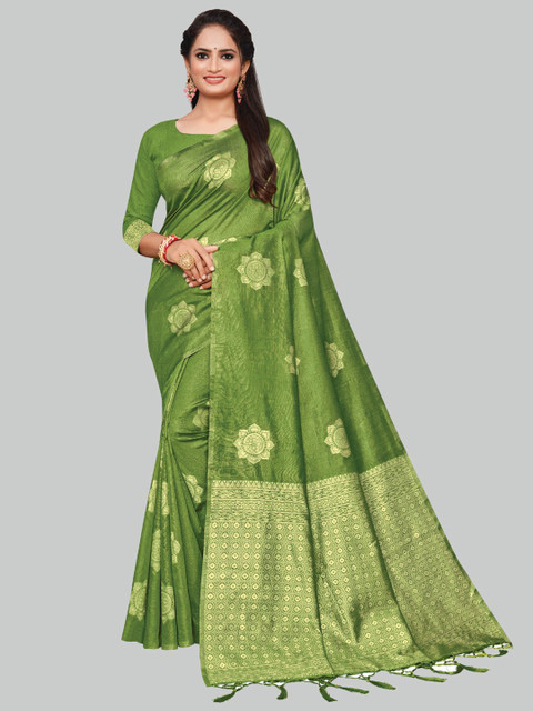 

AYKA CLOTHINGS Green & Gold Ethnic Motifs Zari Silk Cotton Banarasi Saree