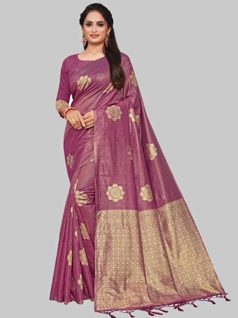 

AYKA CLOTHINGS Pink & Gold-Toned Ethnic Motifs Zari Silk Cotton Banarasi Saree