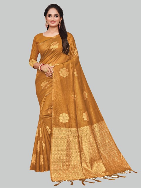 

AYKA CLOTHINGS Gold-Toned & Gold-Toned Ethnic Motifs Zari Silk Cotton Banarasi Saree