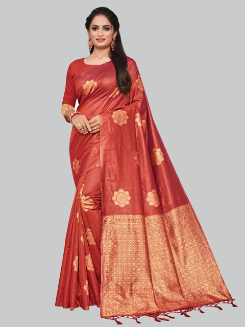 

AYKA CLOTHINGS Red & Gold-Toned Floral Zari Banarasi Saree