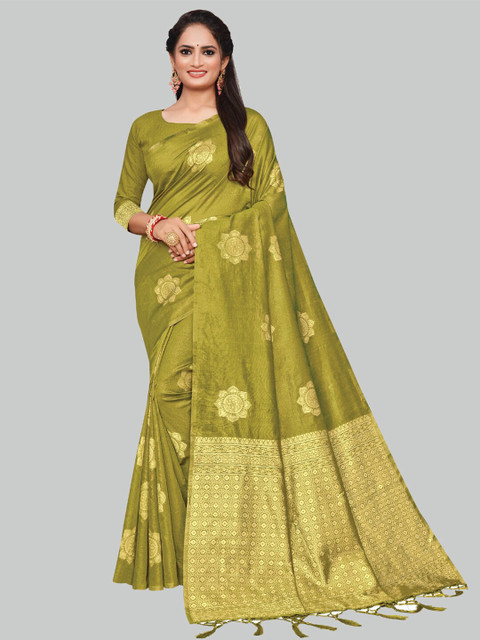 

AYKA CLOTHINGS Green & Gold-Toned Ethnic Motifs Zari Silk Cotton Banarasi Saree