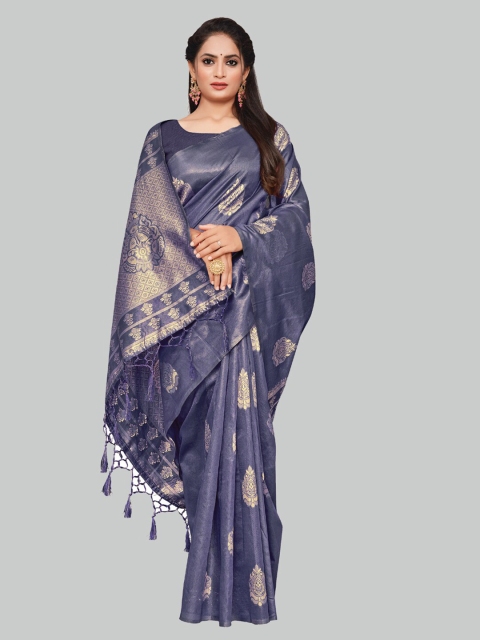 

AYKA CLOTHINGS Purple & Gold-Toned Ethnic Motifs Zari Silk Cotton Banarasi Saree