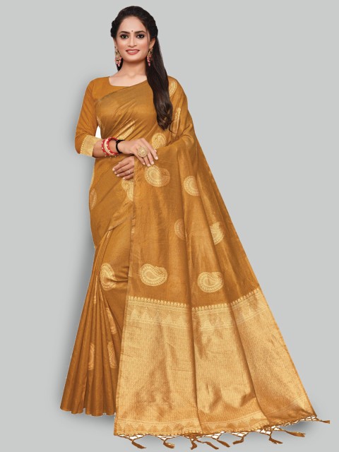 

AYKA CLOTHINGS Mustard & Gold-Toned Woven Design Zari Silk Cotton Banarasi Saree