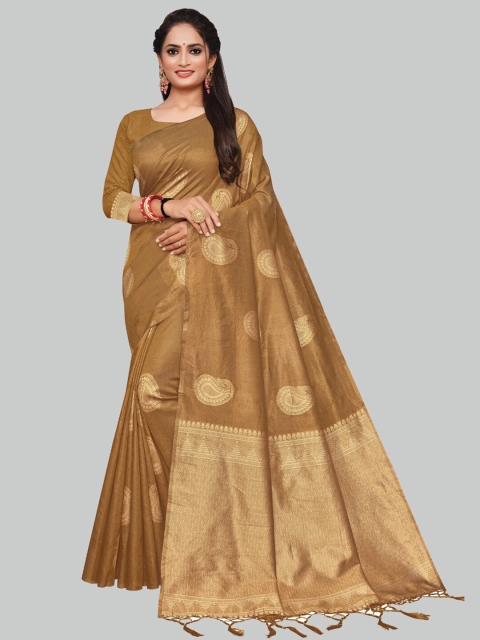 

AYKA CLOTHINGS Brown & Gold-Toned Paisley Zari Silk Cotton Banarasi Saree