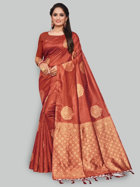 

AYKA CLOTHINGS Red & Gold-Toned Ethnic Motifs Zari Silk Cotton Banarasi Saree