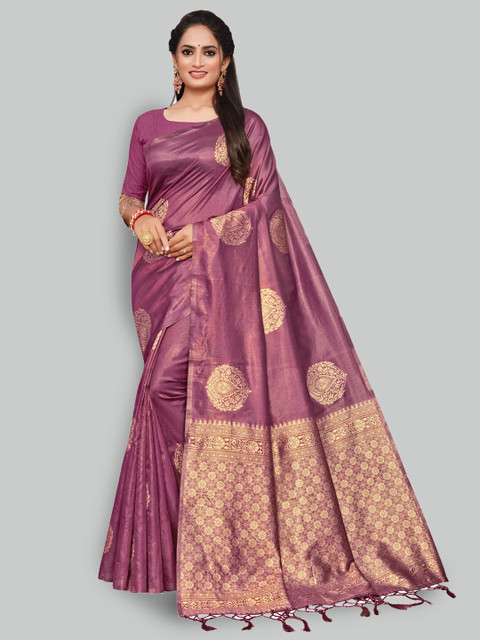 

AYKA CLOTHINGS Pink & Gold-Toned Ethnic Motifs Zari Silk Cotton Banarasi Saree