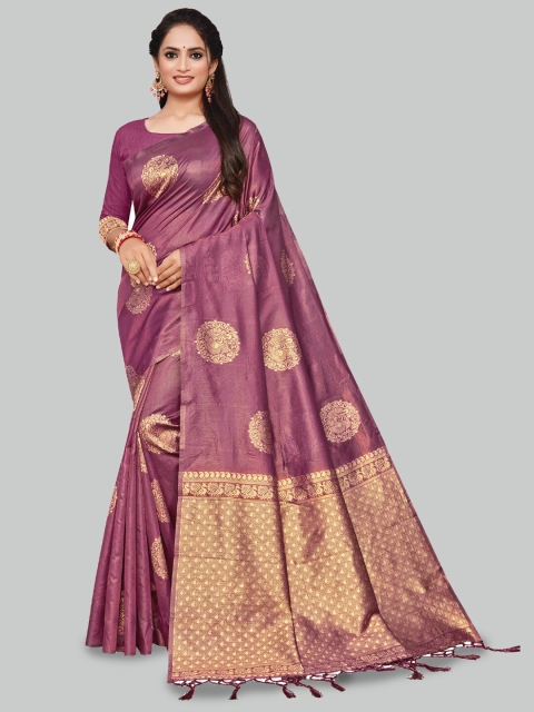 

AYKA CLOTHINGS Pink & Gold-Toned Ethnic Motifs Zari Silk Cotton Banarasi Saree