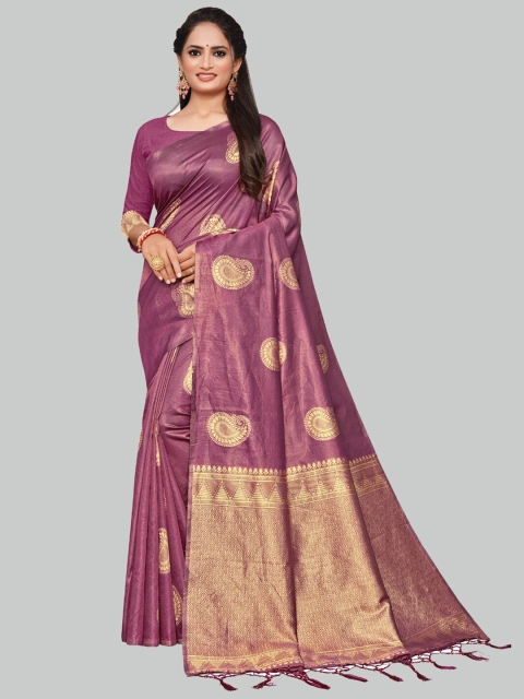 

AYKA CLOTHINGS Pink & Gold-Toned Ethnic Motifs Zari Silk Cotton Banarasi Saree