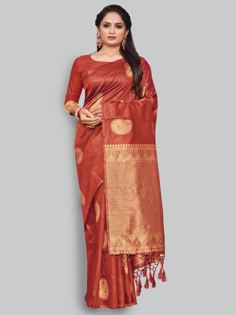

AYKA CLOTHINGS Red & Gold-Toned Ethnic Motifs Zari Silk Cotton Banarasi Saree