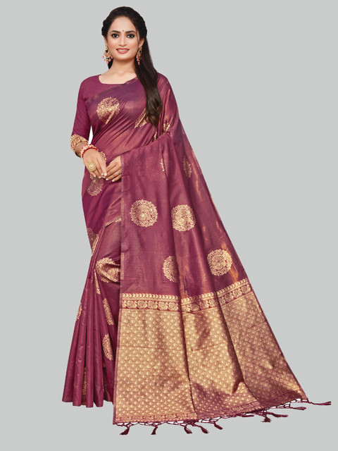 

AYKA CLOTHINGS Pink & Gold-Toned Ethnic Motifs Zari Silk Cotton Banarasi Saree