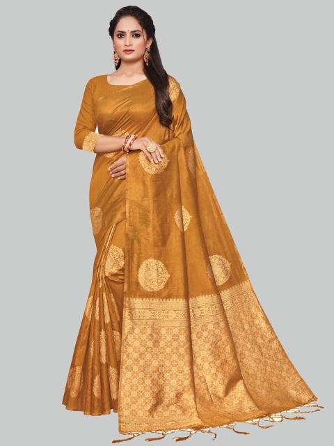 

AYKA CLOTHINGS Mustard & Gold-Toned Ethnic Motifs Zari Silk Cotton Banarasi Saree