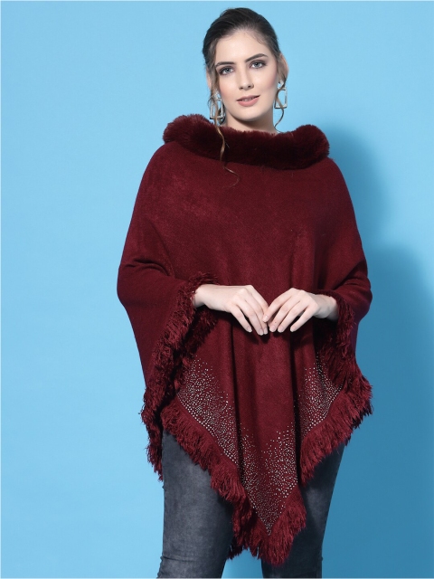 

Mafadeny Women Maroon Poncho with Embellished Detail