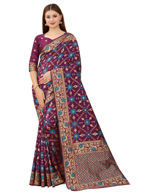 

MOKSHA DESIGNS Burgundy & Blue Ethnic Motifs Zari Pure Silk Banarasi Saree