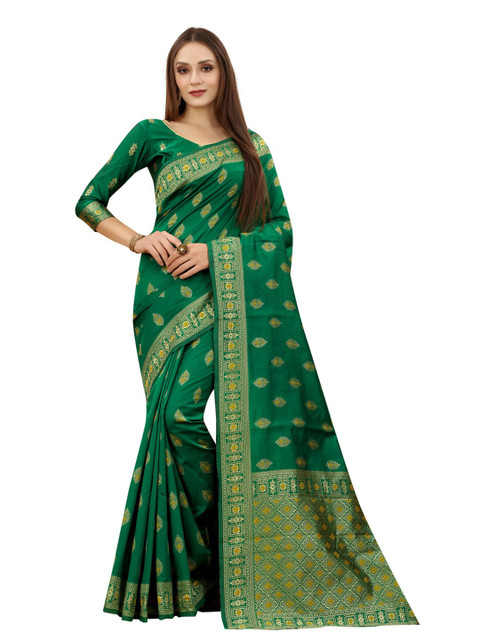 

MOKSHA DESIGNS Green & Gold-Toned Ethnic Motifs Zari Pure Silk Banarasi Saree