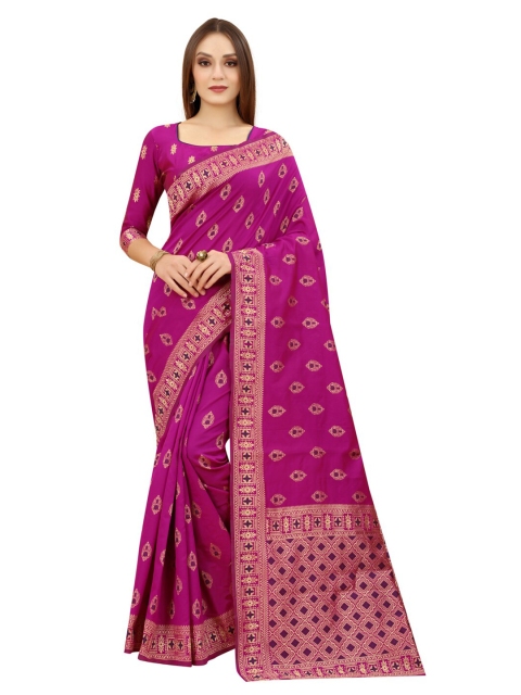 

MOKSHA DESIGNS Pink & Gold-Toned Woven Design Zari Pure Silk Banarasi Saree