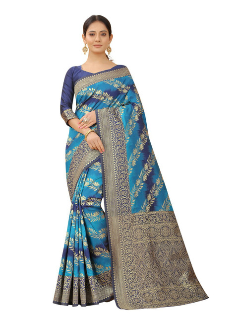 

MOKSHA DESIGNS Blue & Gold-Toned Ethnic Motifs Zari Pure Silk Banarasi Saree