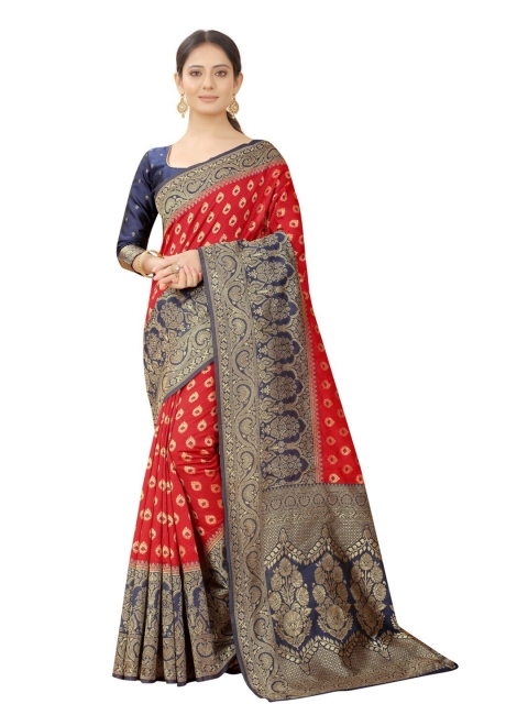 

MOKSHA DESIGNS Red & Navy Blue Ethnic Motifs Zari Pure Silk Banarasi Saree