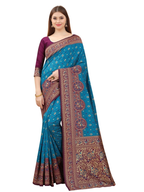 

MOKSHA DESIGNS Blue & Purple Woven Design Zari Pure Silk Banarasi Saree