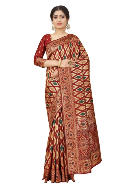 

MOKSHA DESIGNS Maroon & Green Woven Design Zari Pure Silk Banarasi Saree