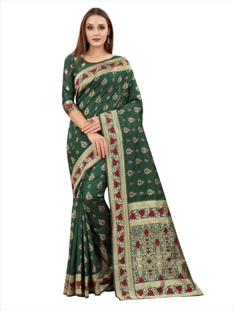 

MOKSHA DESIGNS Green & Red Woven Design Zari Pure Silk Banarasi Saree