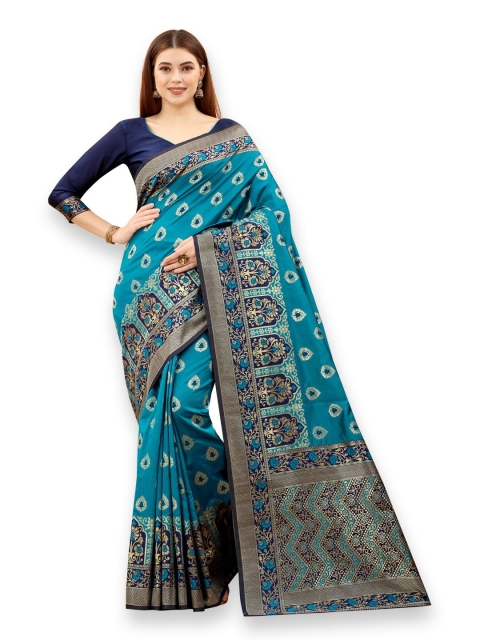 

MOKSHA DESIGNS Blue & Gold-Toned Woven Design Zari Pure Silk Banarasi Saree