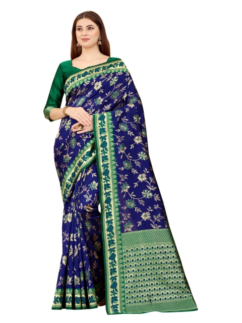 

MOKSHA DESIGNS Blue & Green Floral Zari Pure Silk Banarasi Saree