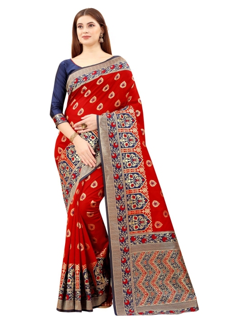 

MOKSHA DESIGNS Red & Navy Blue Woven Design Zari Pure Silk Banarasi Saree