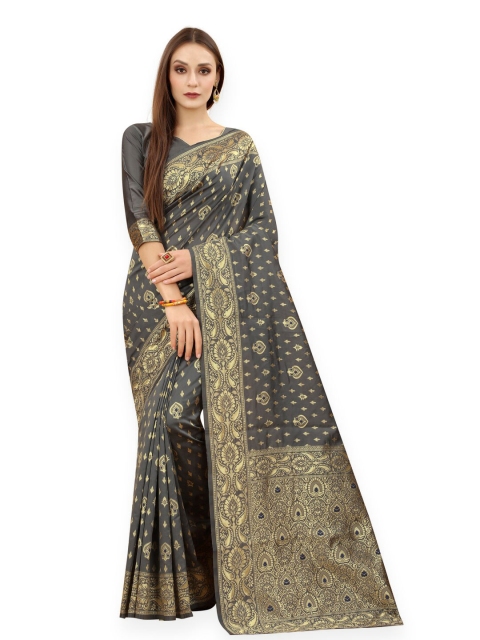 

MOKSHA DESIGNS Grey & Gold-Toned Woven Design Zari Pure Silk Banarasi Saree