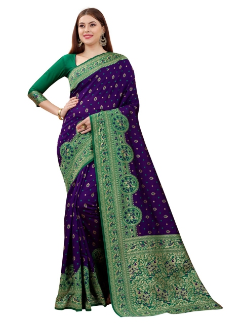 

MOKSHA DESIGNS Violet & Green Ethnic Motifs Zari Pure Silk Banarasi Saree