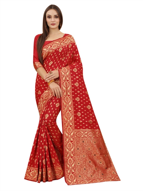

MOKSHA DESIGNS Red & Gold-Toned Woven Design Zari Pure Silk Banarasi Saree