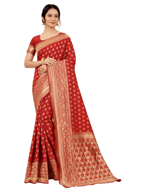 

MOKSHA DESIGNS Red & Gold-Toned Woven Design Zari Pure Silk Banarasi Saree