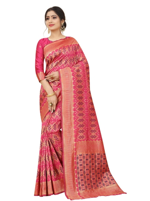 

MOKSHA DESIGNS Pink & Navy Blue Floral Zari Pure Silk Banarasi Saree