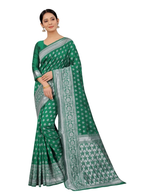 

MOKSHA DESIGNS Green & Silver-Toned Woven Design Zari Pure Silk Banarasi Saree