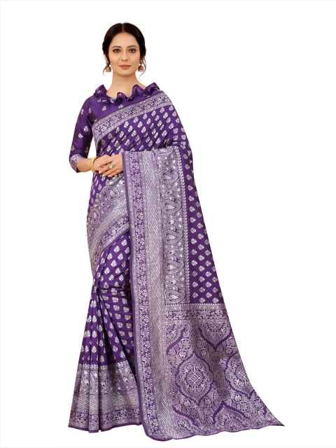 

MOKSHA DESIGNS Purple & Silver-Toned Woven Design Zari Pure Silk Banarasi Saree
