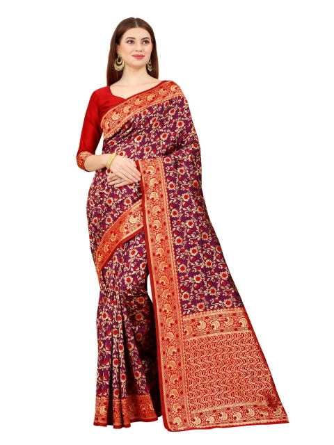 

MOKSHA DESIGNS Purple & Red Woven Design Zari Pure Silk Banarasi Saree