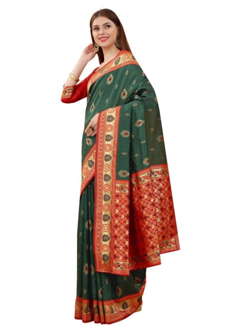 

MOKSHA DESIGNS Green & Red Woven Design Zari Pure Silk Banarasi Saree
