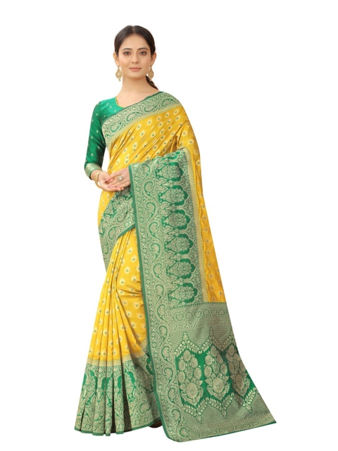 

MOKSHA DESIGNS Gold-Toned & Green Woven Design Zari Pure Silk Banarasi Saree