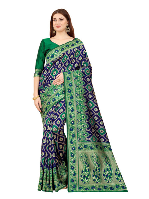 

MOKSHA DESIGNS Green & Blue Woven Design Zari Pure Silk Banarasi Saree
