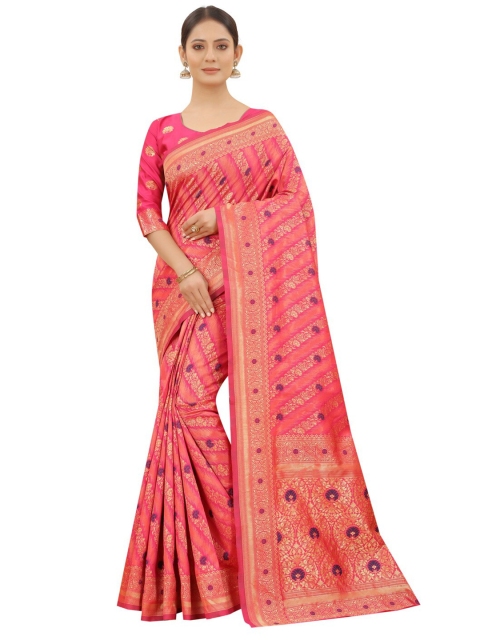 

MOKSHA DESIGNS Pink & Gold-Toned Woven Design Zari Pure Silk Banarasi Saree