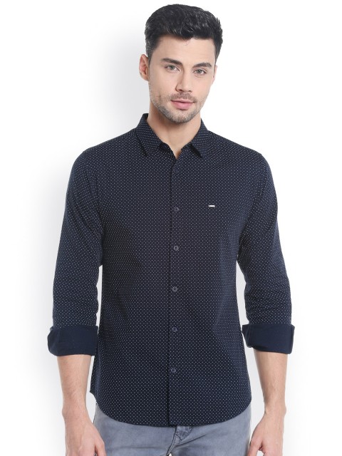 

SPYKAR Men Navy & White Slim Fit Printed Casual Shirt, Navy blue