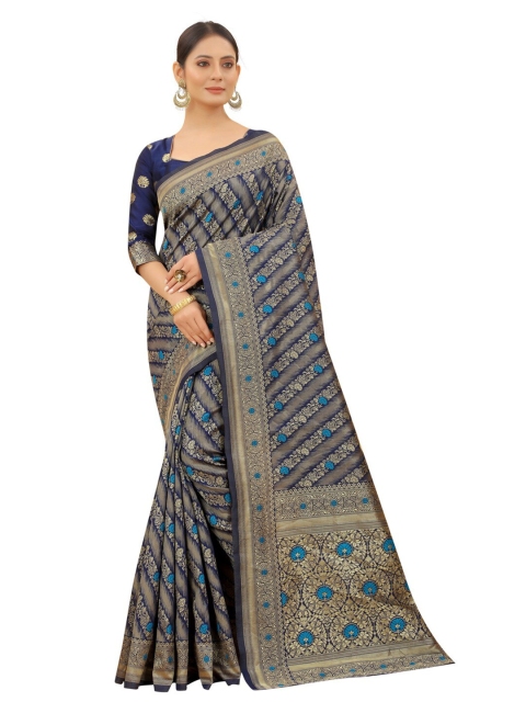 

MOKSHA DESIGNS Navy Blue & Gold-Toned Woven Design Zari Pure Silk Banarasi Saree