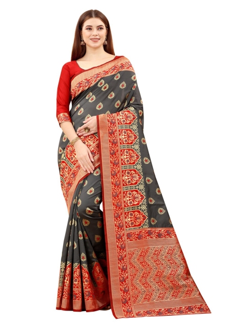 

MOKSHA DESIGNS Grey & Red Ethnic Motifs Zari Pure Silk Banarasi Saree