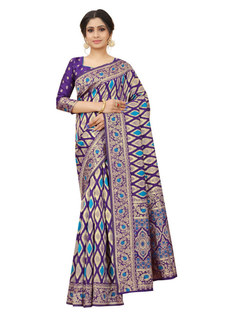 

MOKSHA DESIGNS Purple & Blue Woven Design Zari Pure Silk Banarasi Saree