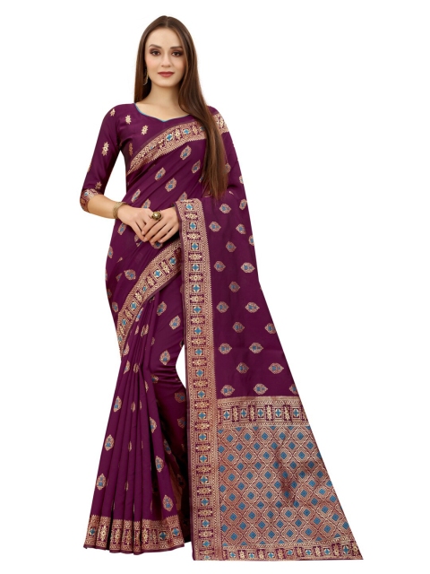 

MOKSHA DESIGNS Burgundy & Gold-Toned Woven Design Zari Pure Silk Banarasi Saree