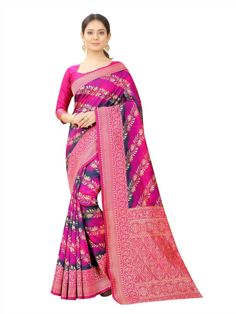 

MOKSHA DESIGNS Pink & Navy Blue Woven Design Zari Pure Silk Banarasi Saree